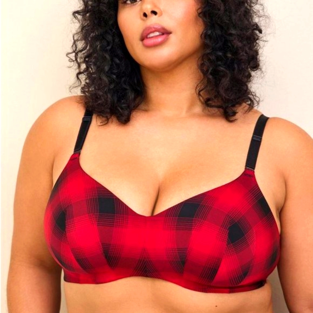 ❤NWT TORRID WIRELESS BRA LIGHTLY LINED - RED BLACK PLAID BACK SMOOTHING
